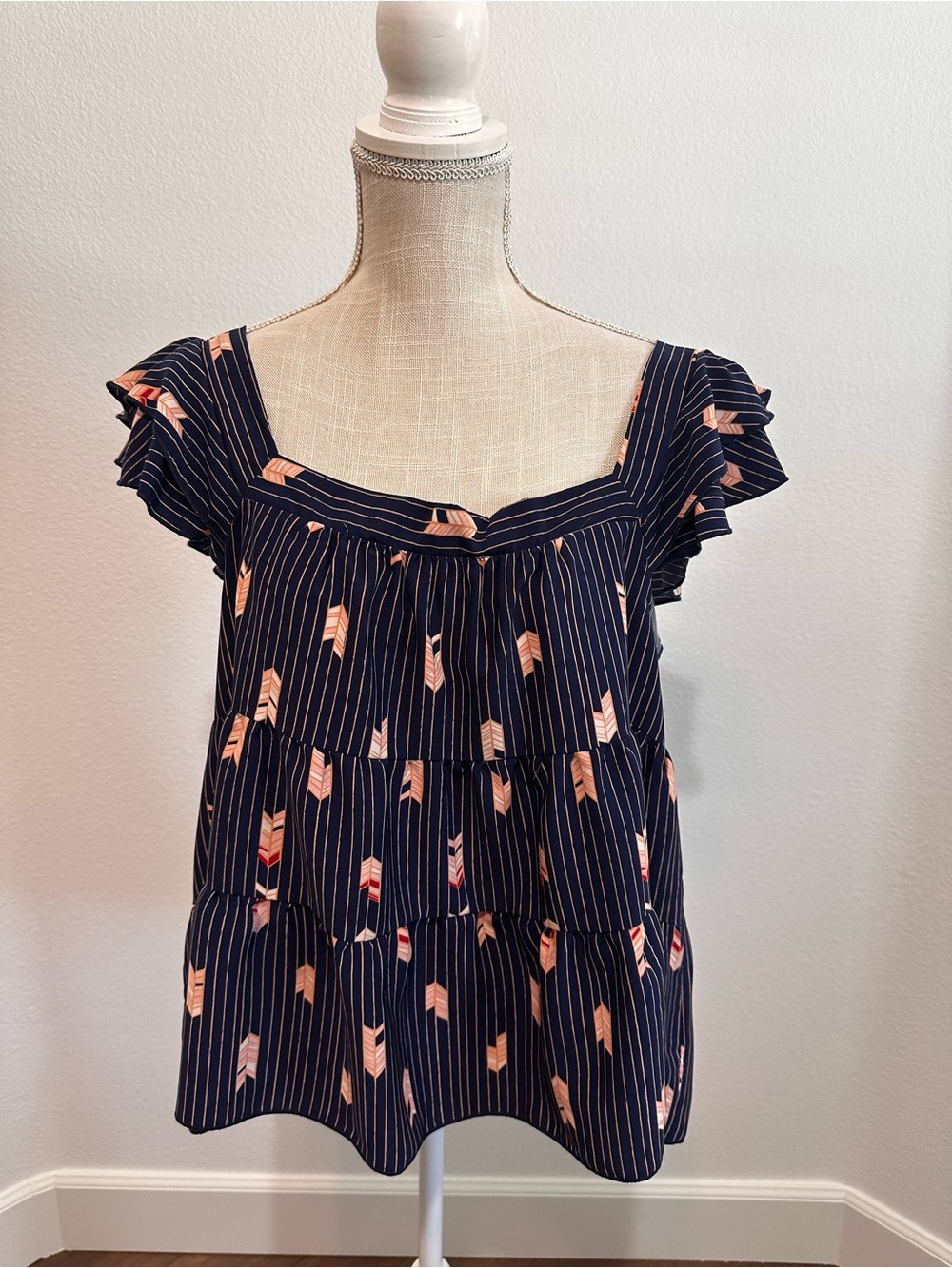 Jacquie the Label Navy Blue Printed Ruffle Top with Peach Accents